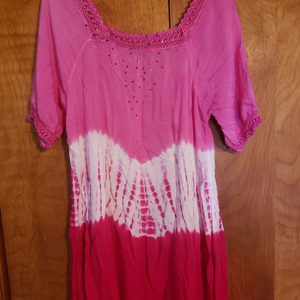 Pink Tie-Dye Boho Blouse with Crochet Trim